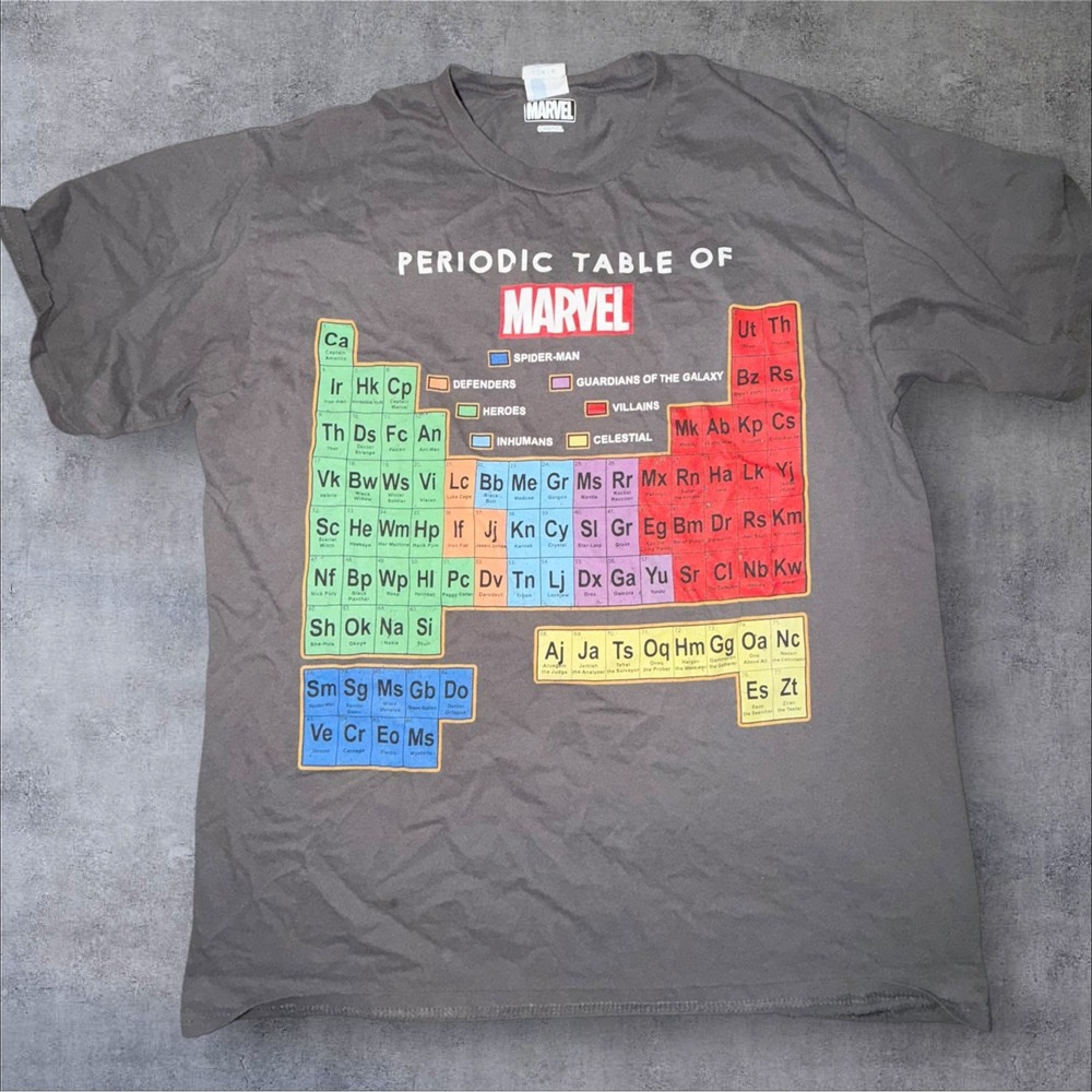 Marvel Periodic Table Graphic T-Shirt Mens Large Gray Short Sleeve Crewneck